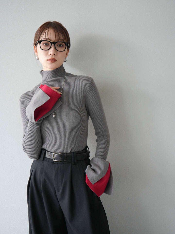 [SET] 疊層喇叭袖高領針織上衣 + 雙褶寬褲 (2 套)