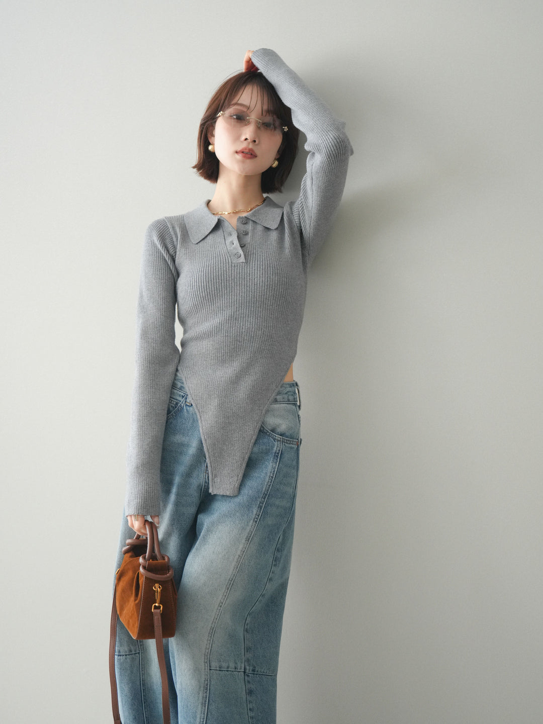 [予約]リブポロニットボディスーツ/mokugray