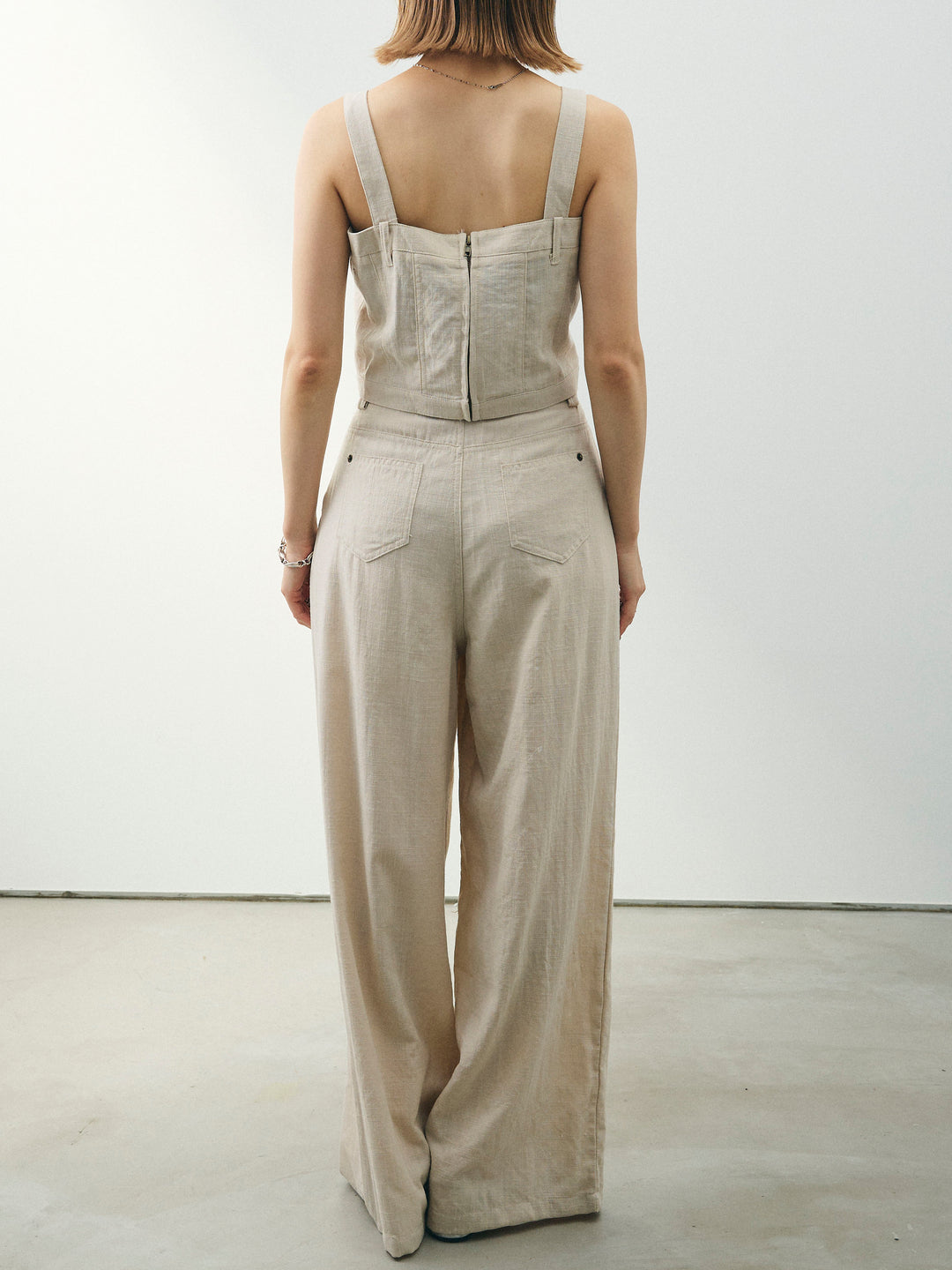 [SET] 亞麻感緊身胸衣＆寬褲套裝（2件套）