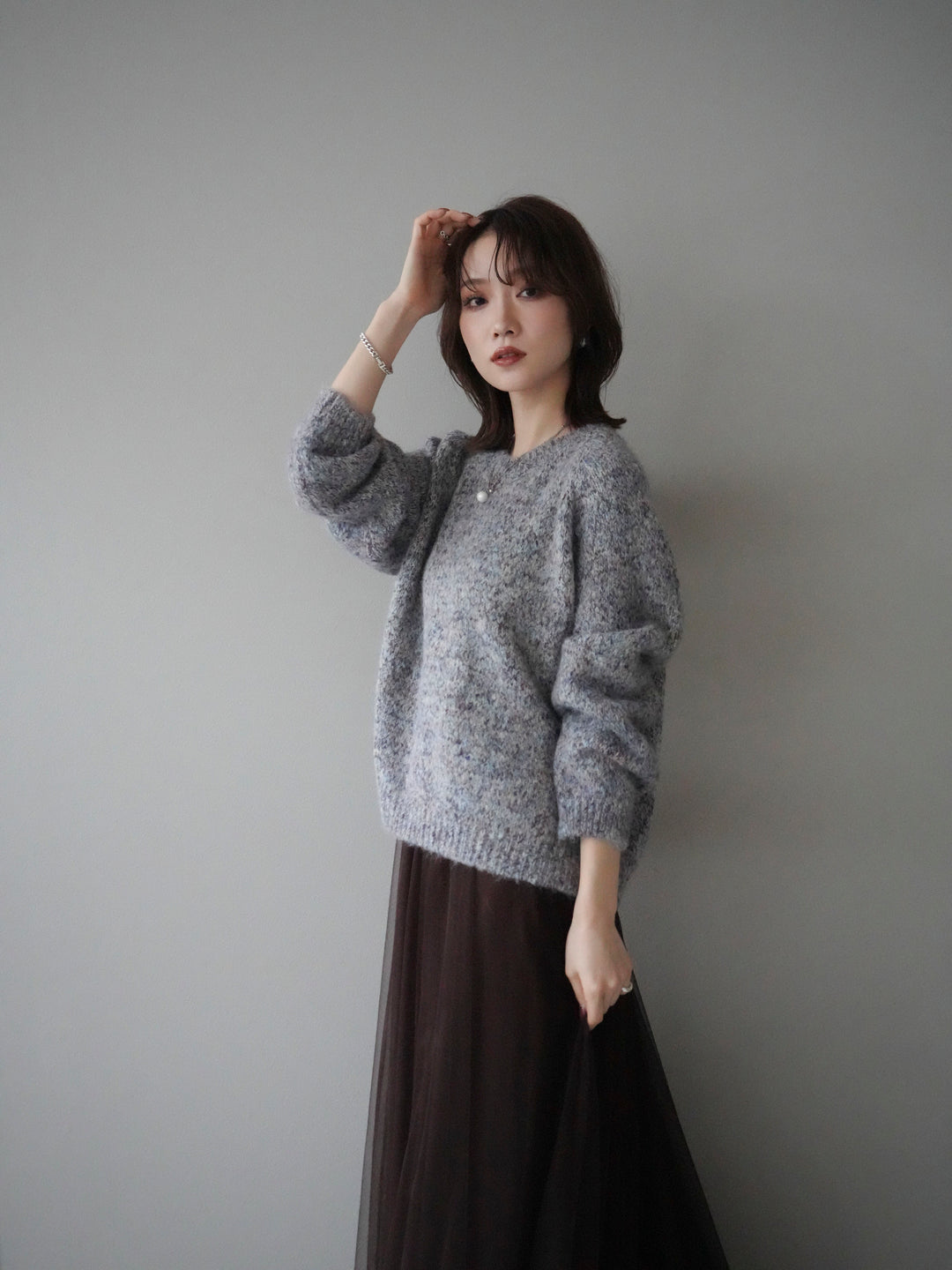 [SET]ロゴラベルミックスヤーンニットプルオーバー+選べるアクセセット(2set)