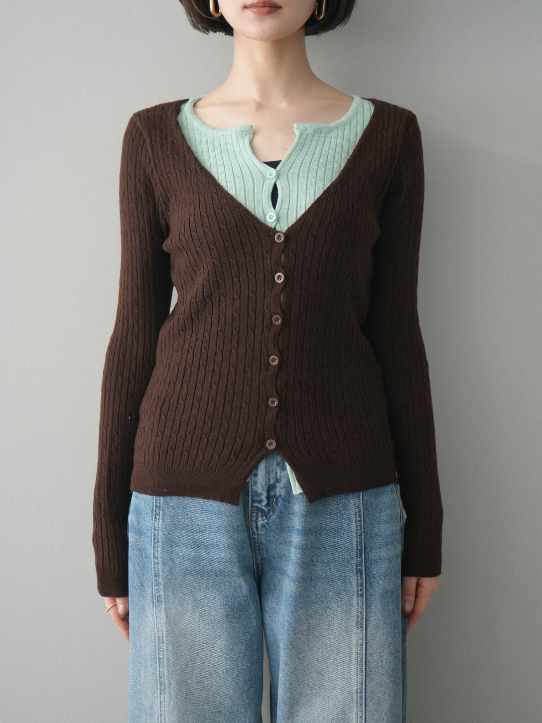 [予約]バイカラーレイヤードニットカーディガン/brown