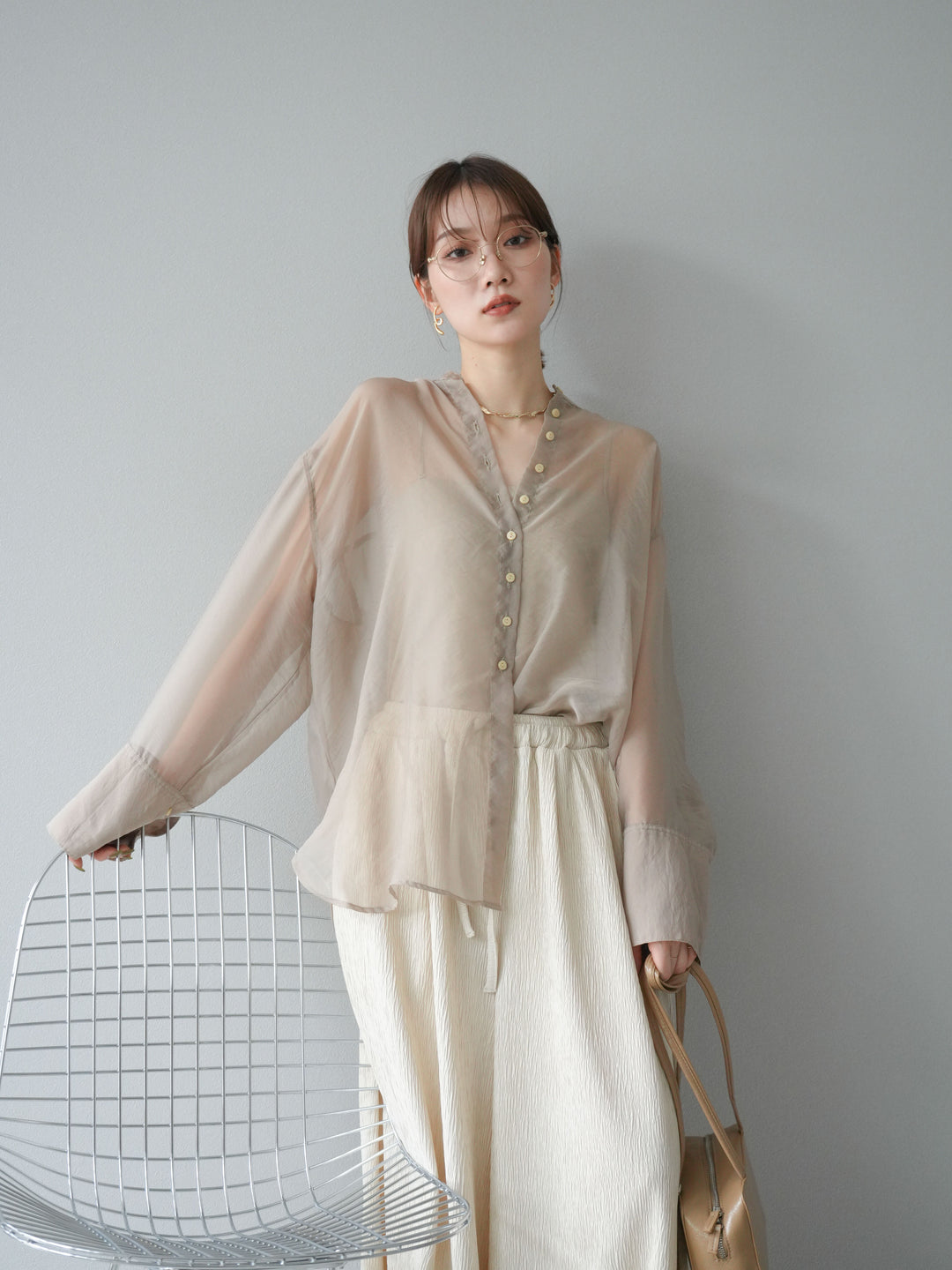 [SET] 亮面透視立領襯衫 + 柳葉寬褲 (2set)