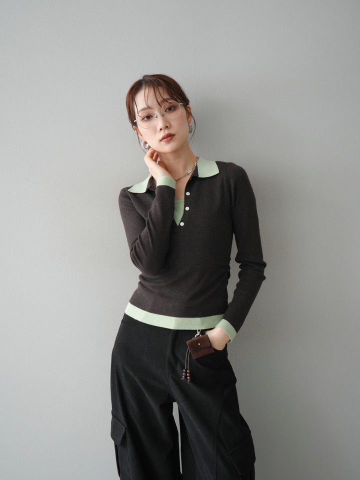 [予約]レイヤード配色ポロニットトップス/darkbrown