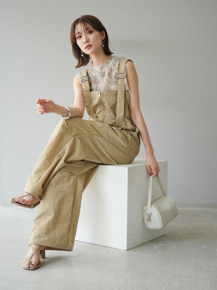 [予約]ナイロンタックデザインサロペット/ベージュ