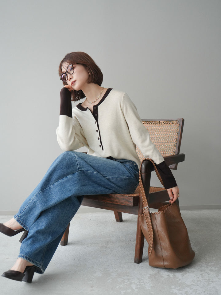 [予約]ヘンリーネック配色ニットソー/beige
