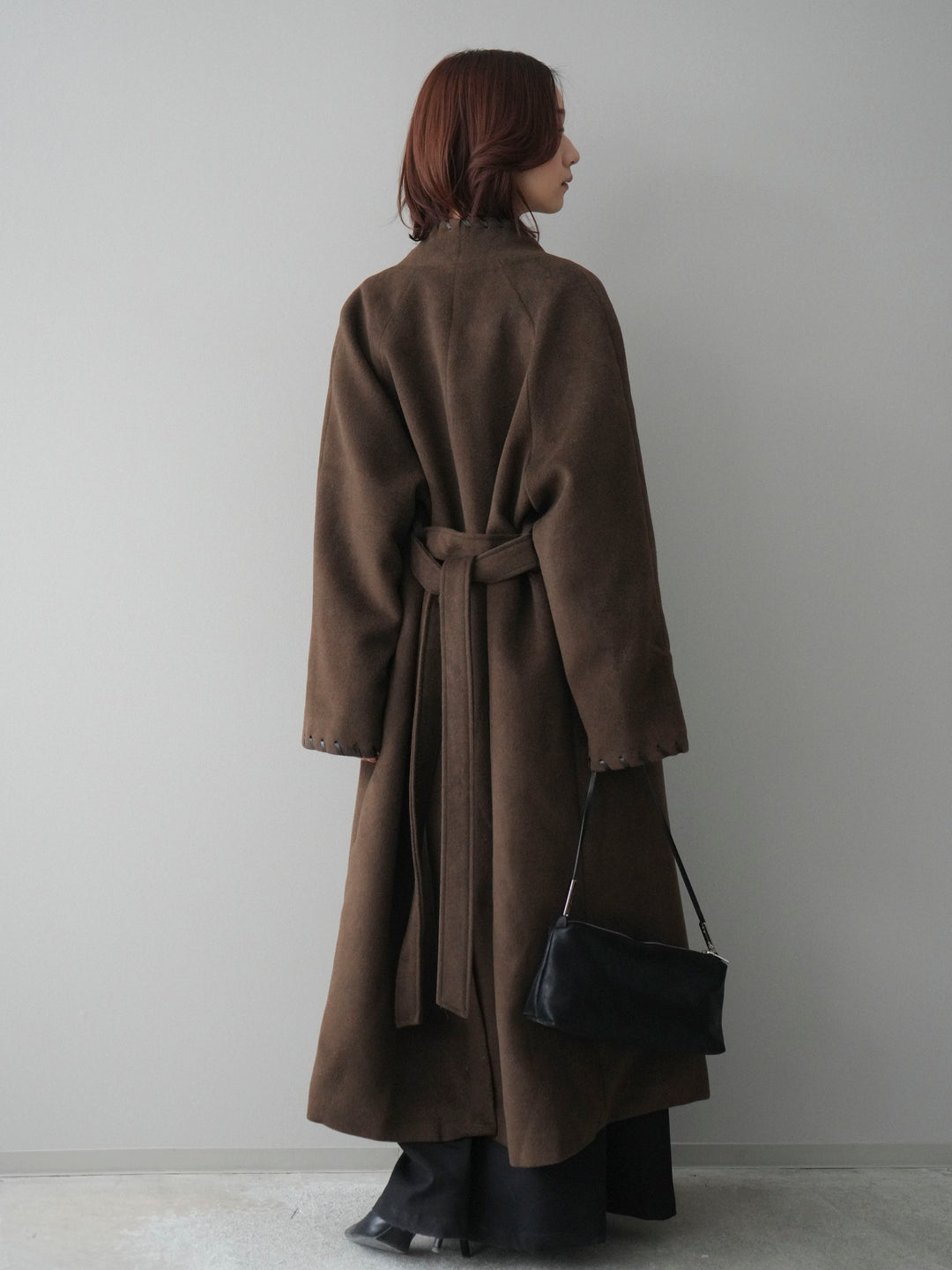 [SET]ハンドステッチ裏中綿ロングコート+モヘア衿付きボタンプルオーバー+テープベルトタックバギーパンツ(3set)