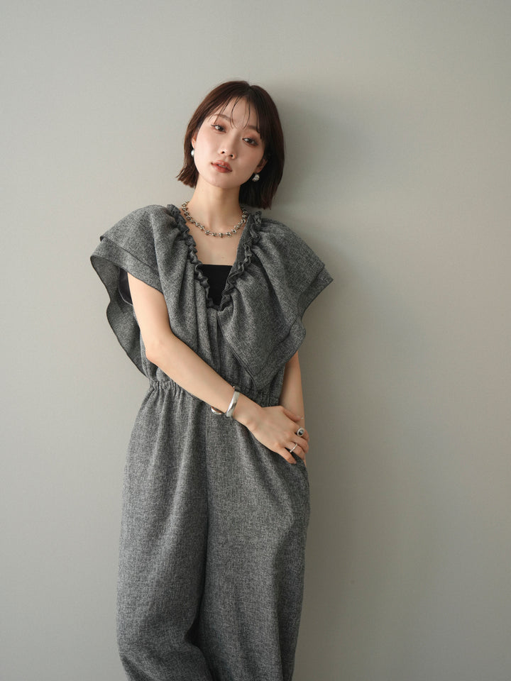 [SET]3WAYミックスツイードギャザーオールインワン+選べるアクセセット(2set)