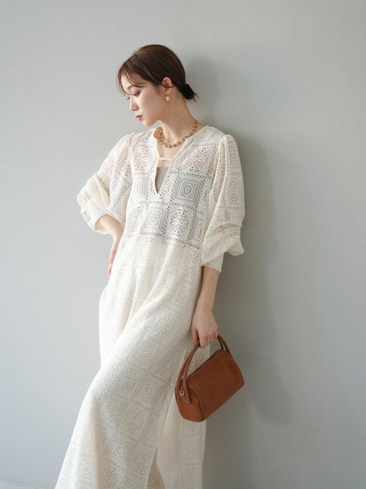 【套裝】塊蕾絲捲袖洋裝+塊蕾絲寬褲（2套）