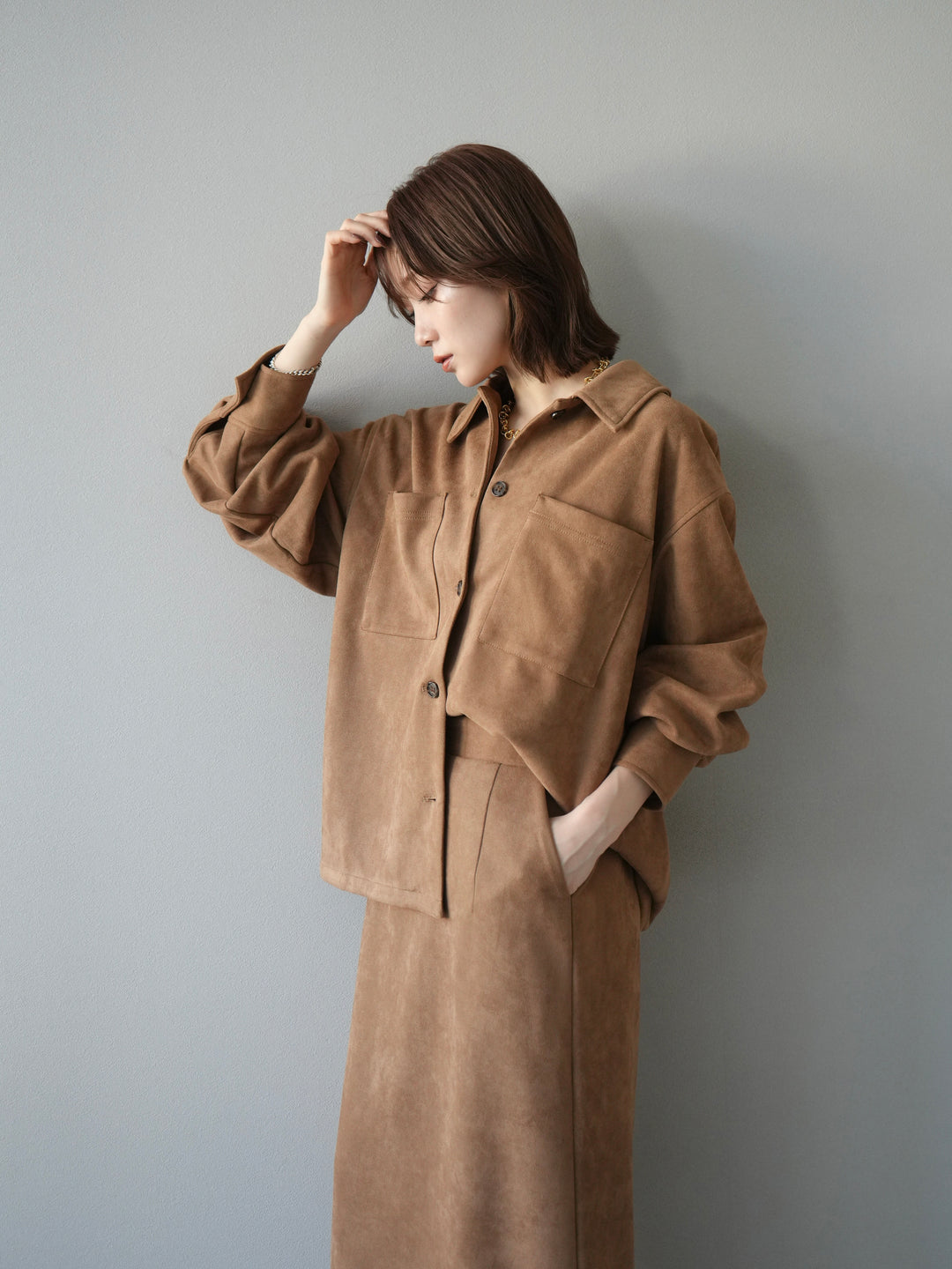 [SET]スエードシャツジャケット+スエードタイトスカート(2set)