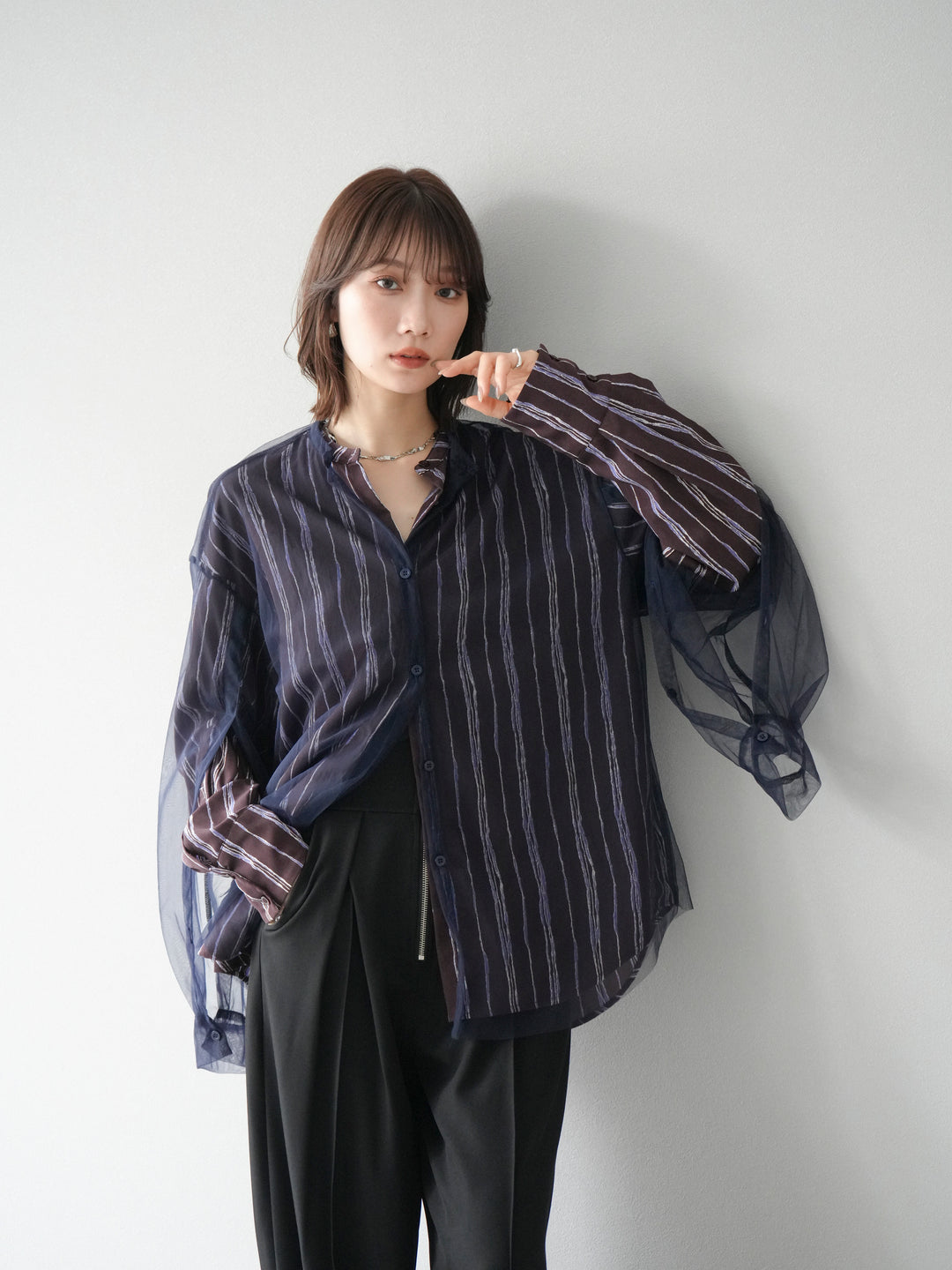 [予約]2WAYスリーブチュールシャツ/ネイビー