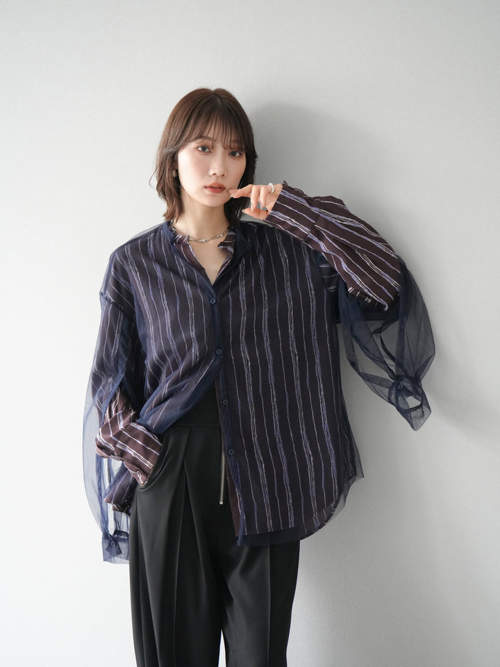 [予約]2WAYスリーブチュールシャツ/ネイビー