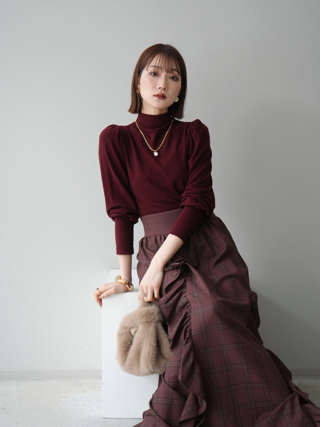 [予約]プチネックパワーショルダー起毛トップス/bordeaux