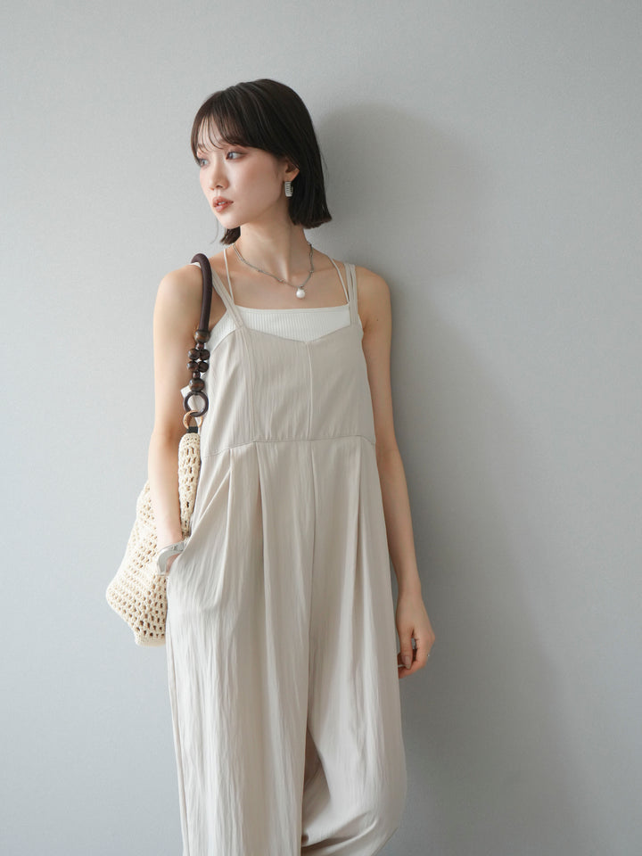 [SET]リネンライクビスチェデザインサロペット+ダブルストラップカットリブブラキャミソール(2set)