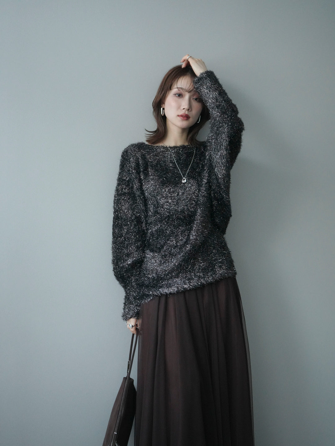 [予約]ラメシャギードルマンニットプルオーバー/brown