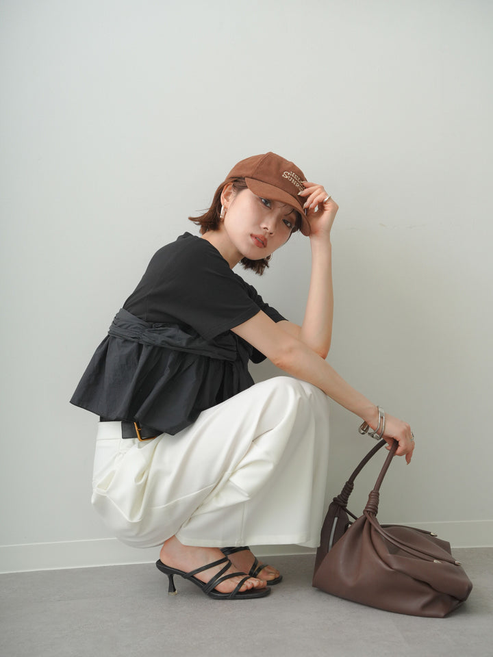 [SET]ナイロンドッキングツイストTEE +アシンメトリーベルトタックワイドパンツ(2set)
