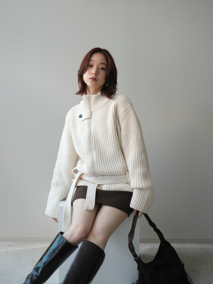 [予約]畦編みボトルネックZIPニットカーディガン/white