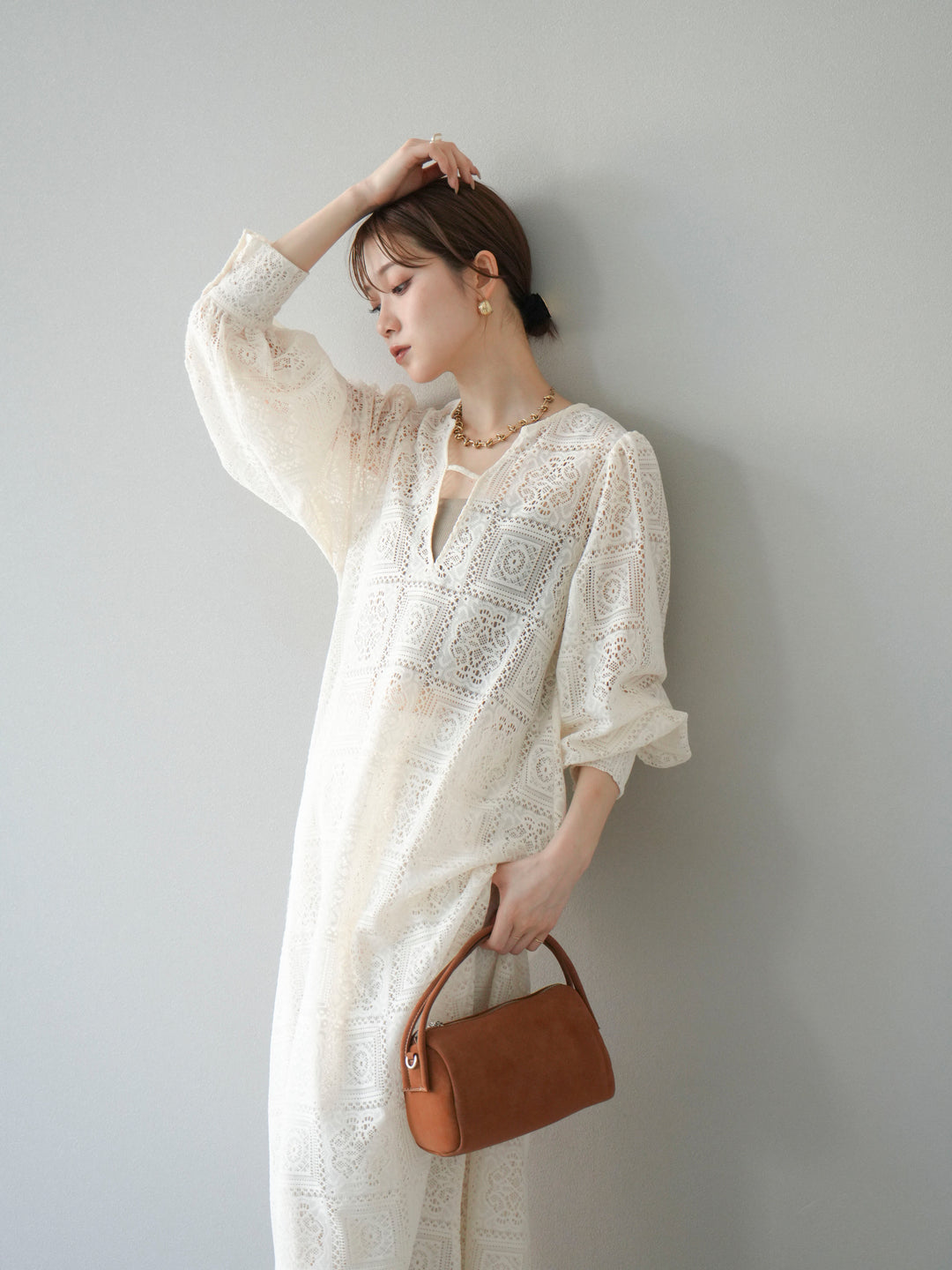 【套裝】塊蕾絲捲袖洋裝+塊蕾絲寬褲（2套）