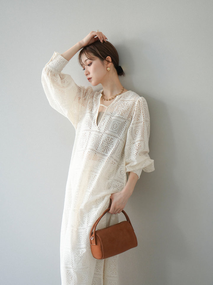 【套裝】塊蕾絲捲袖洋裝+塊蕾絲寬褲（2套）