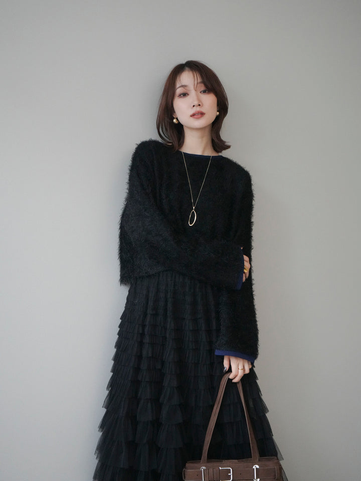 [予約]バイカラー2WAYシャギーニットカーディガン/black