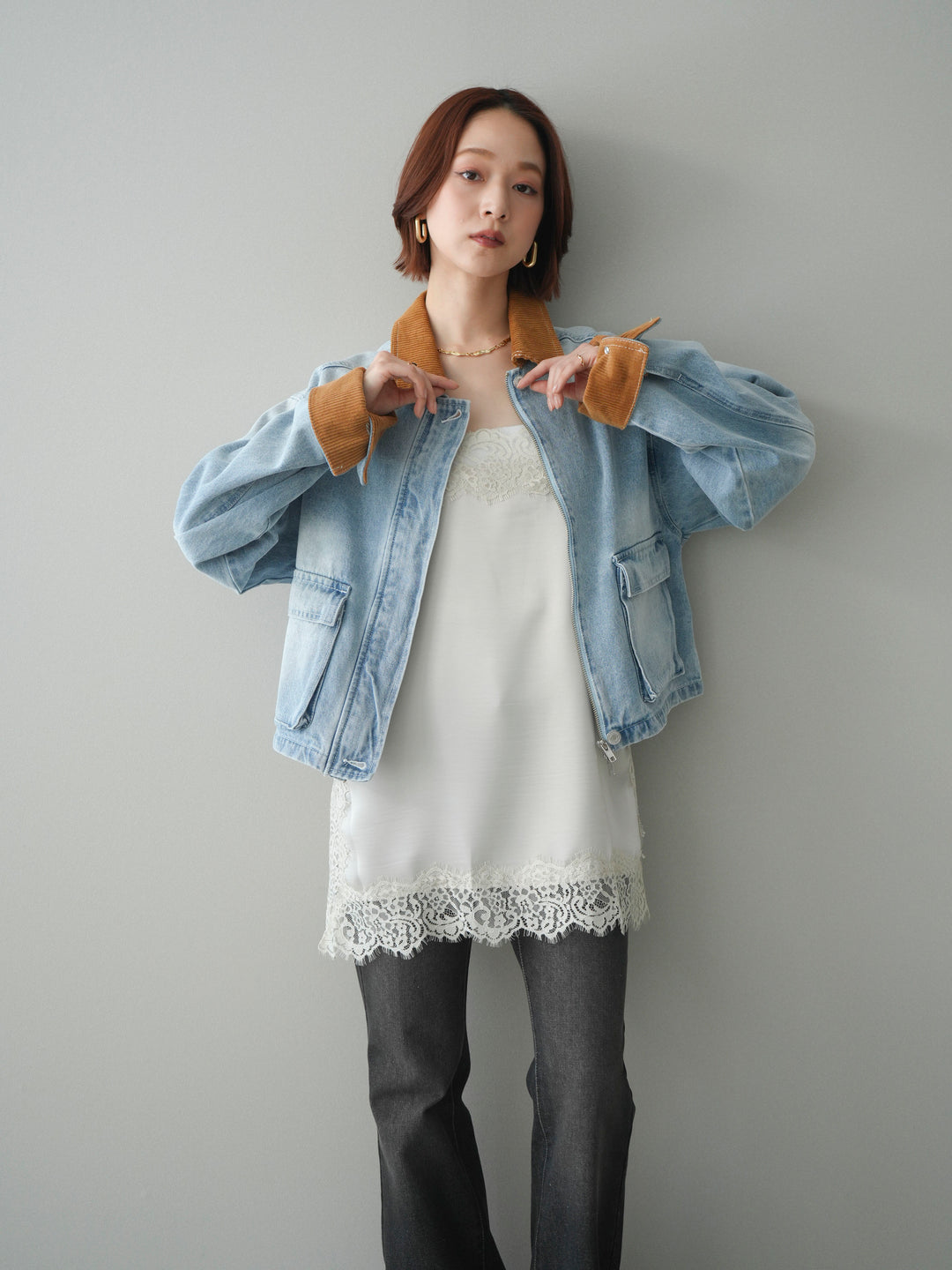 [予約]コーデュロイ×デニムショートカバーオール/bleach