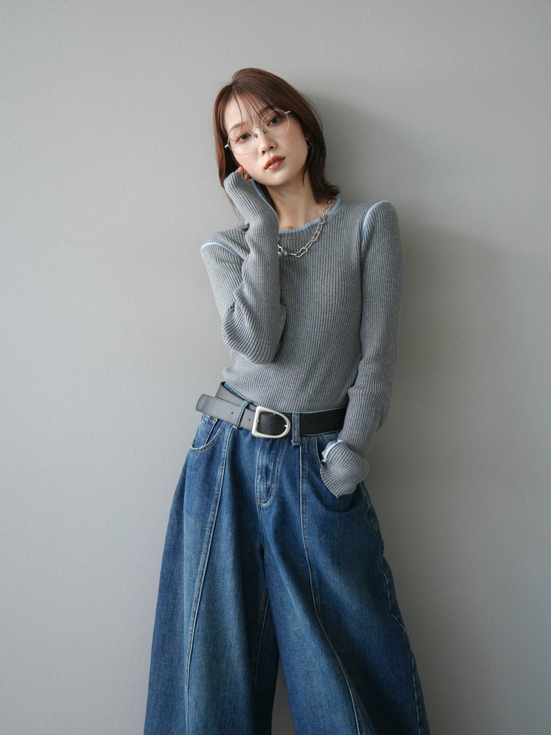 [予約]バイカラークルーネックリブニットトップス/gray