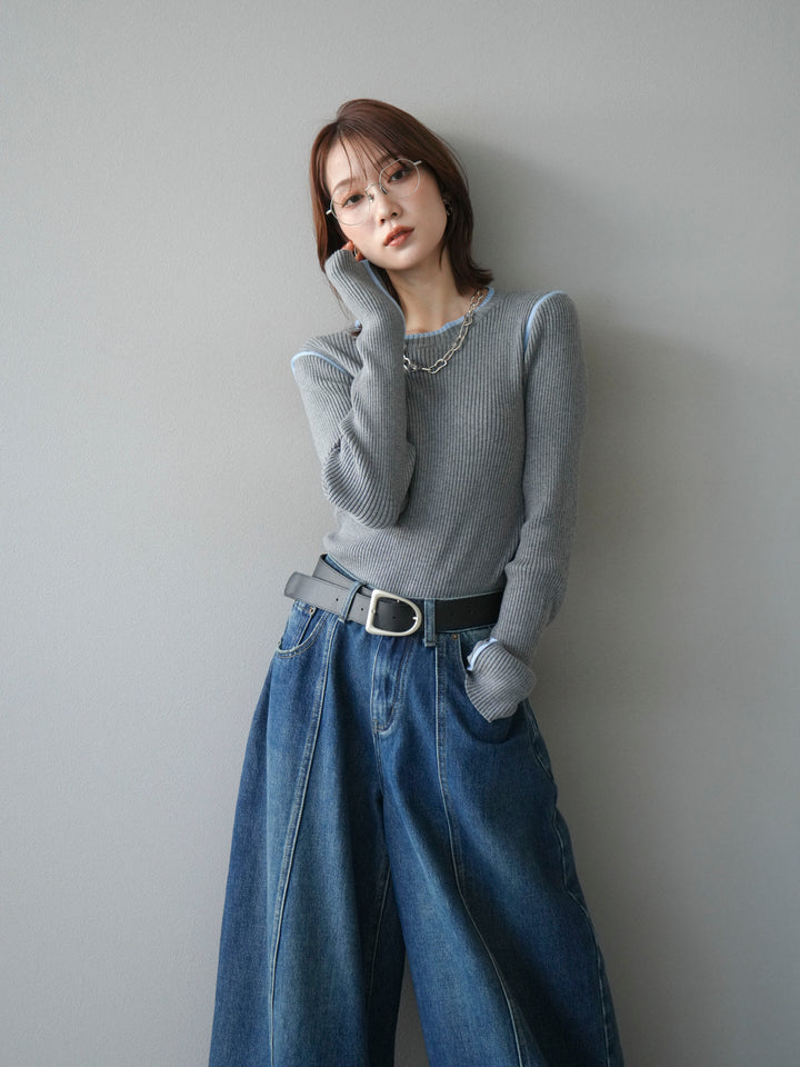 [予約]バイカラークルーネックリブニットトップス/gray