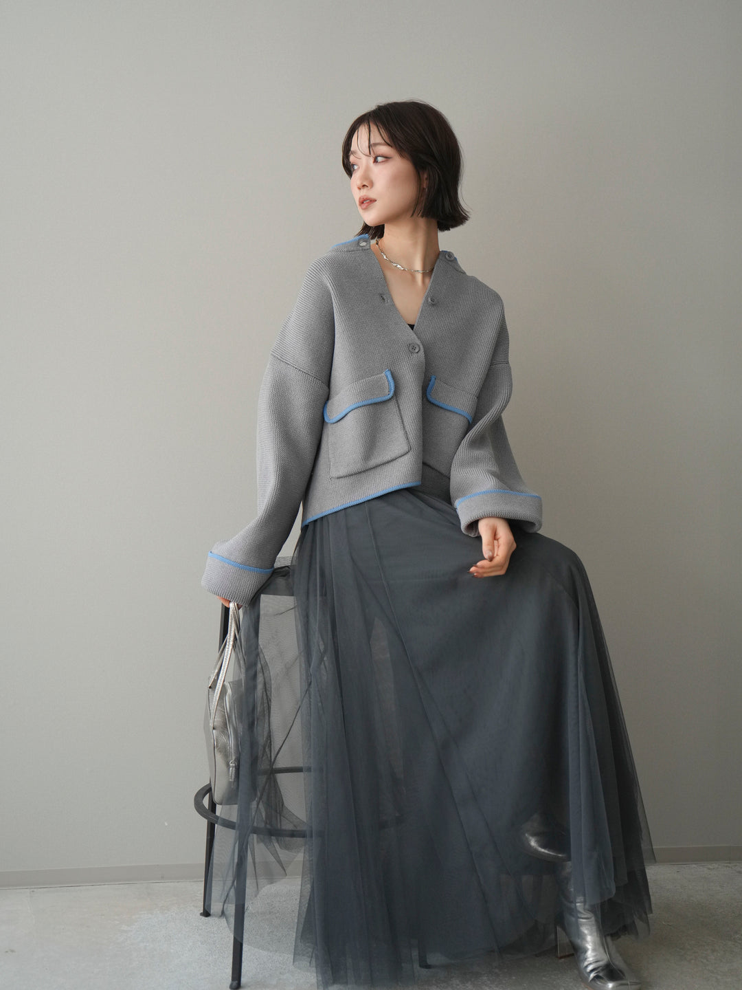 [SET]ポリエステル配色ニットカーディガン+チュールボリュームスカート(2set)