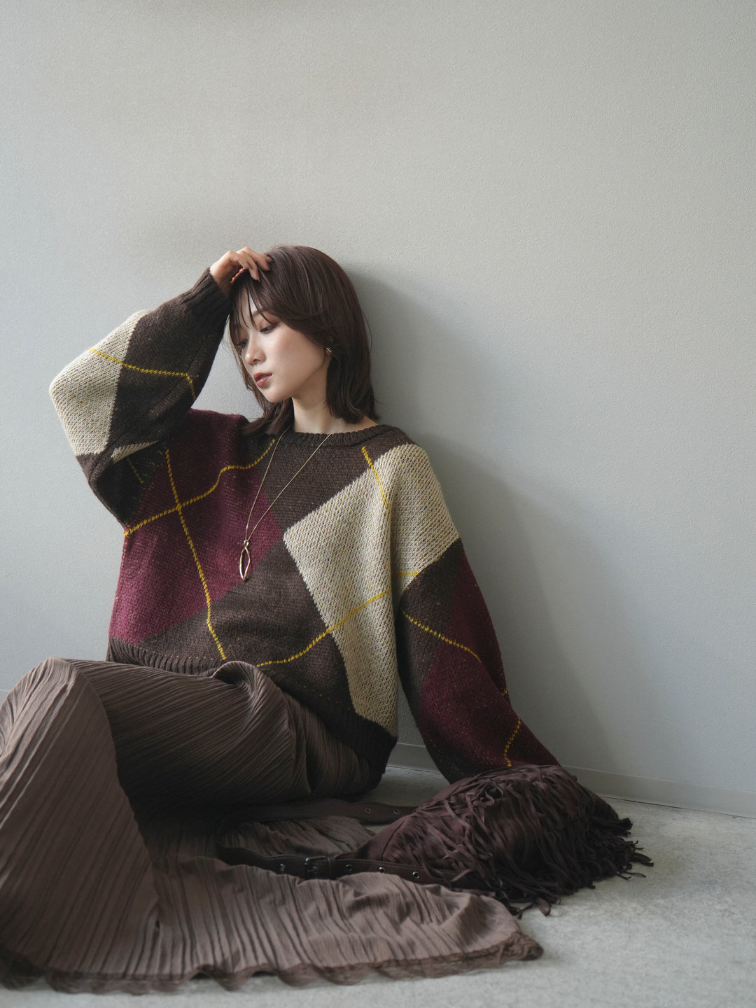 [予約]配色ステッチアーガイル柄ニットプルオーバー/brown