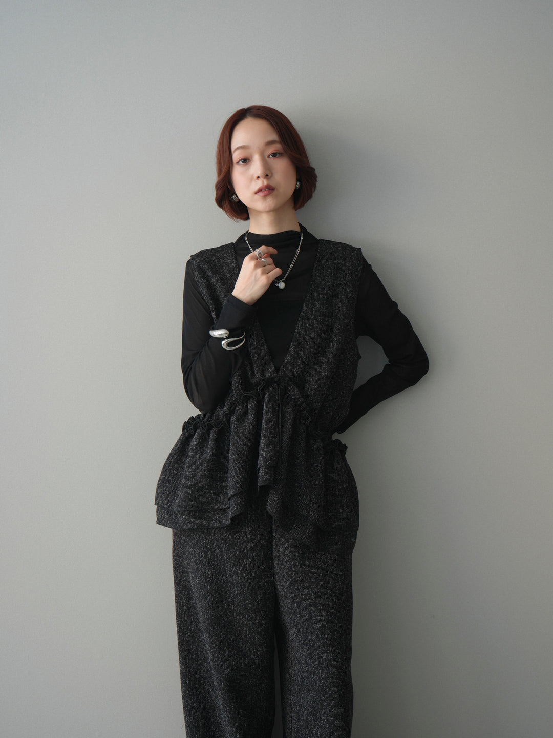 [SET]3WAYミックスツイードギャザーオールインワン+シアープチネックストレッチトップス(2set)