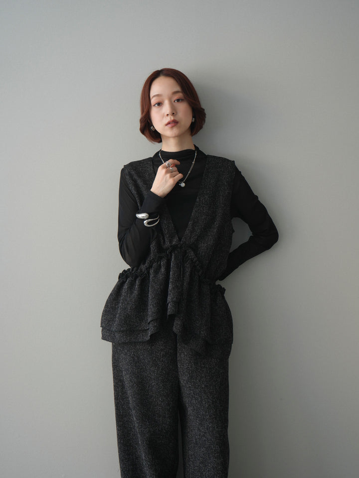 [SET]3WAYミックスツイードギャザーオールインワン+シアープチネックストレッチトップス(2set)