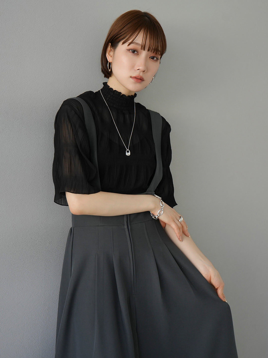 [SET] Shirring chiffon half sleeve blouse + 2WAY flare jumper skirt (2set)