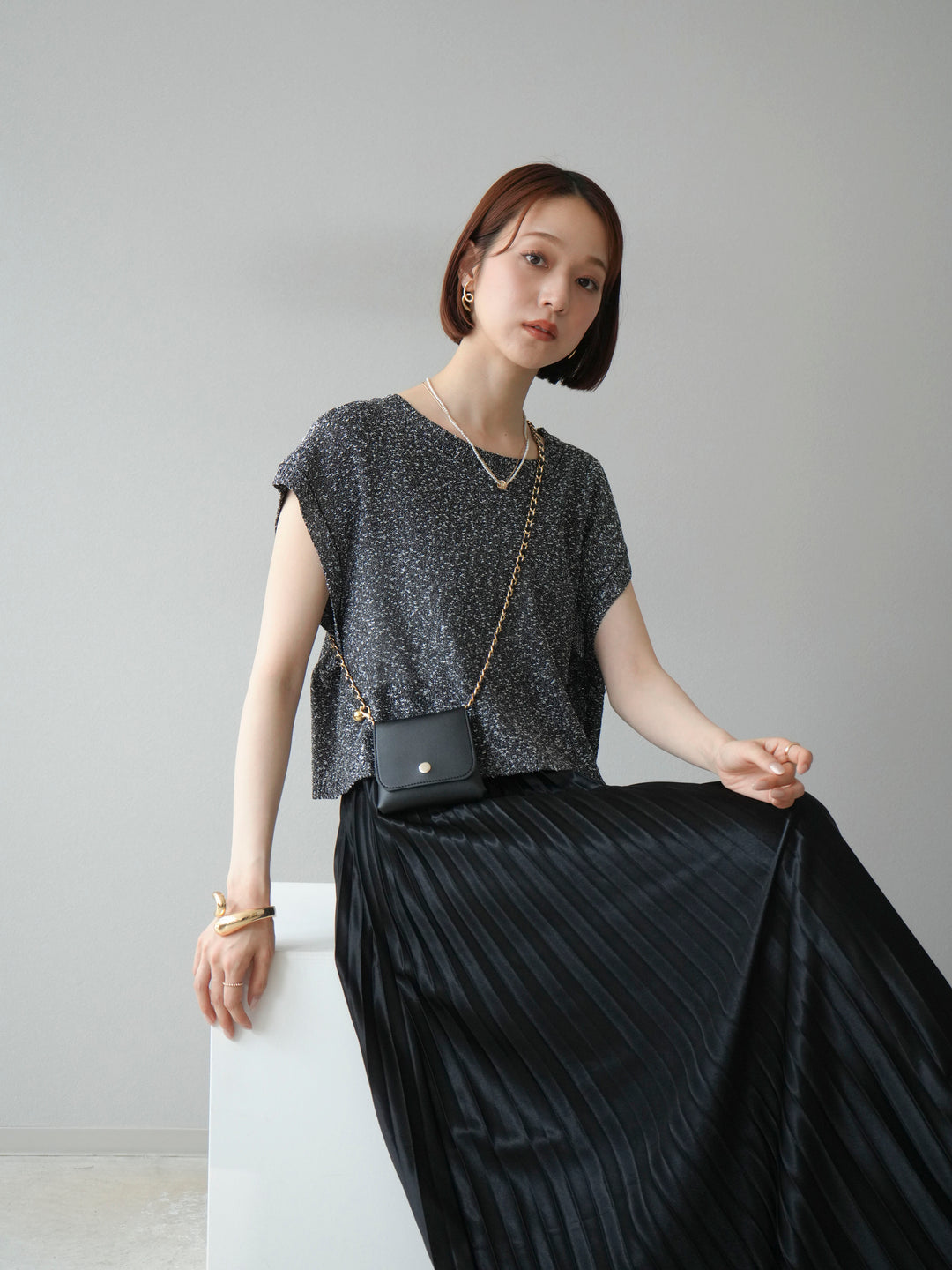 [SET]ネップヤーンクロップドニットベスト+サテンプリーツマキシスカート(2set)