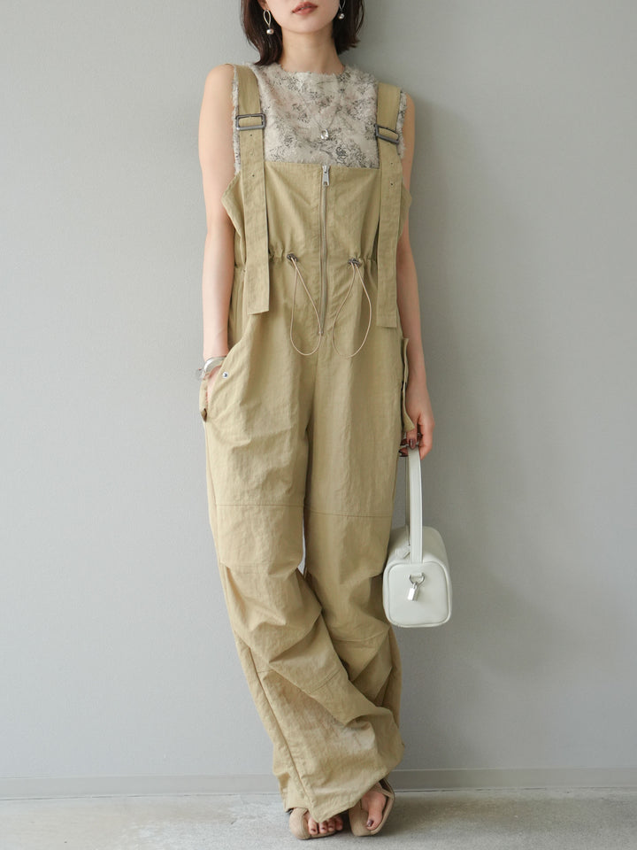 [予約]ナイロンタックデザインサロペット/ベージュ