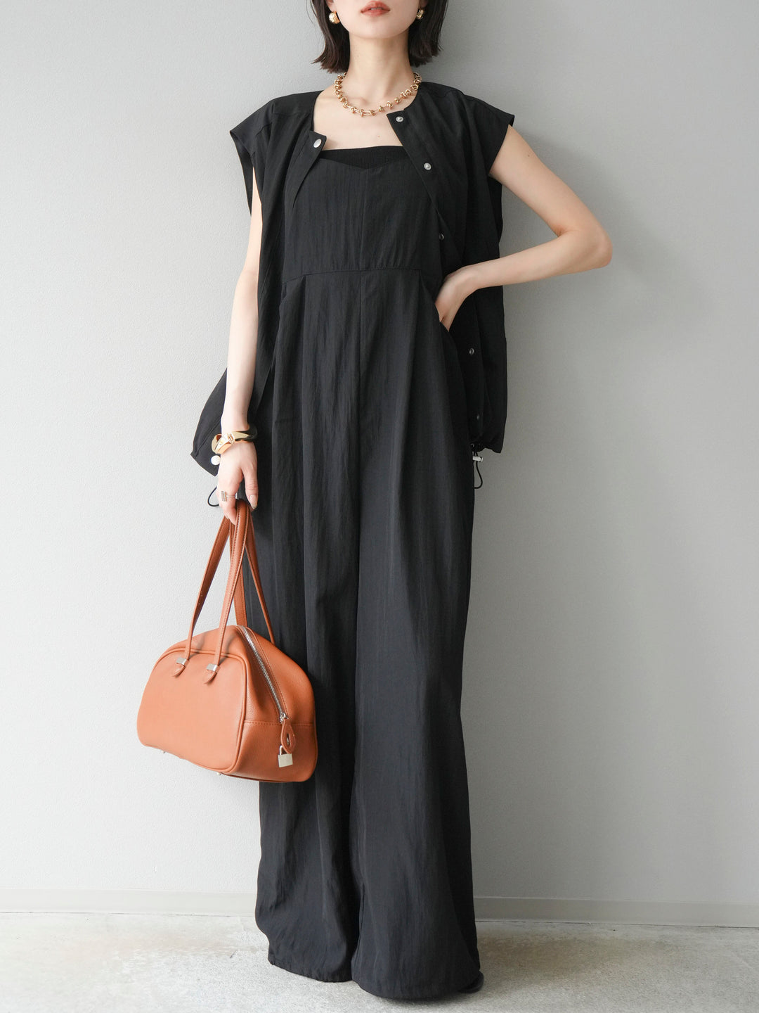 [SET]リネンライクビスチェデザインサロペット+リネンライクドロストバルーンブルゾン(2set)