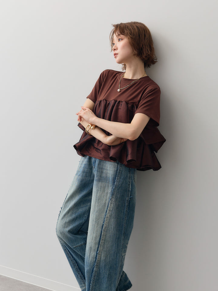 [SET]フリルティアードTEE+縦ウォッシュワイドデニムパンツ(2set)