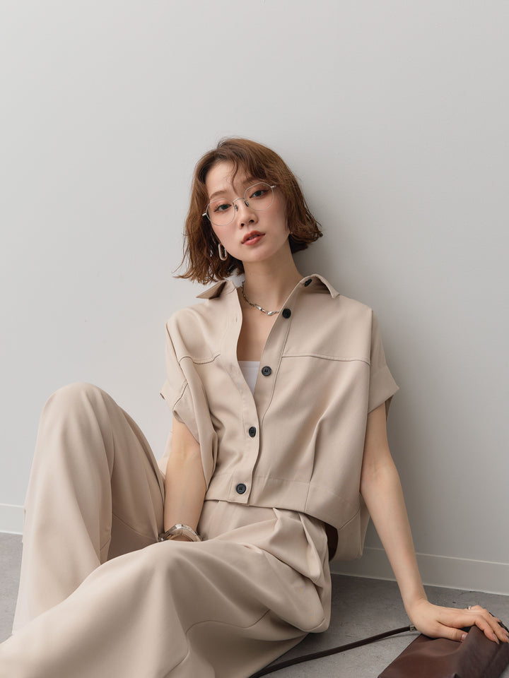 【套裝】縐綢燈籠無袖襯衫 + 縐綢闊腿褲（兩件套）