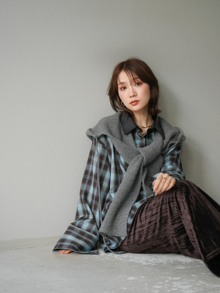 [SET]レザー襟オンブレチェックオーバーシャツ +クラッシュベロアナロースカート(2set)