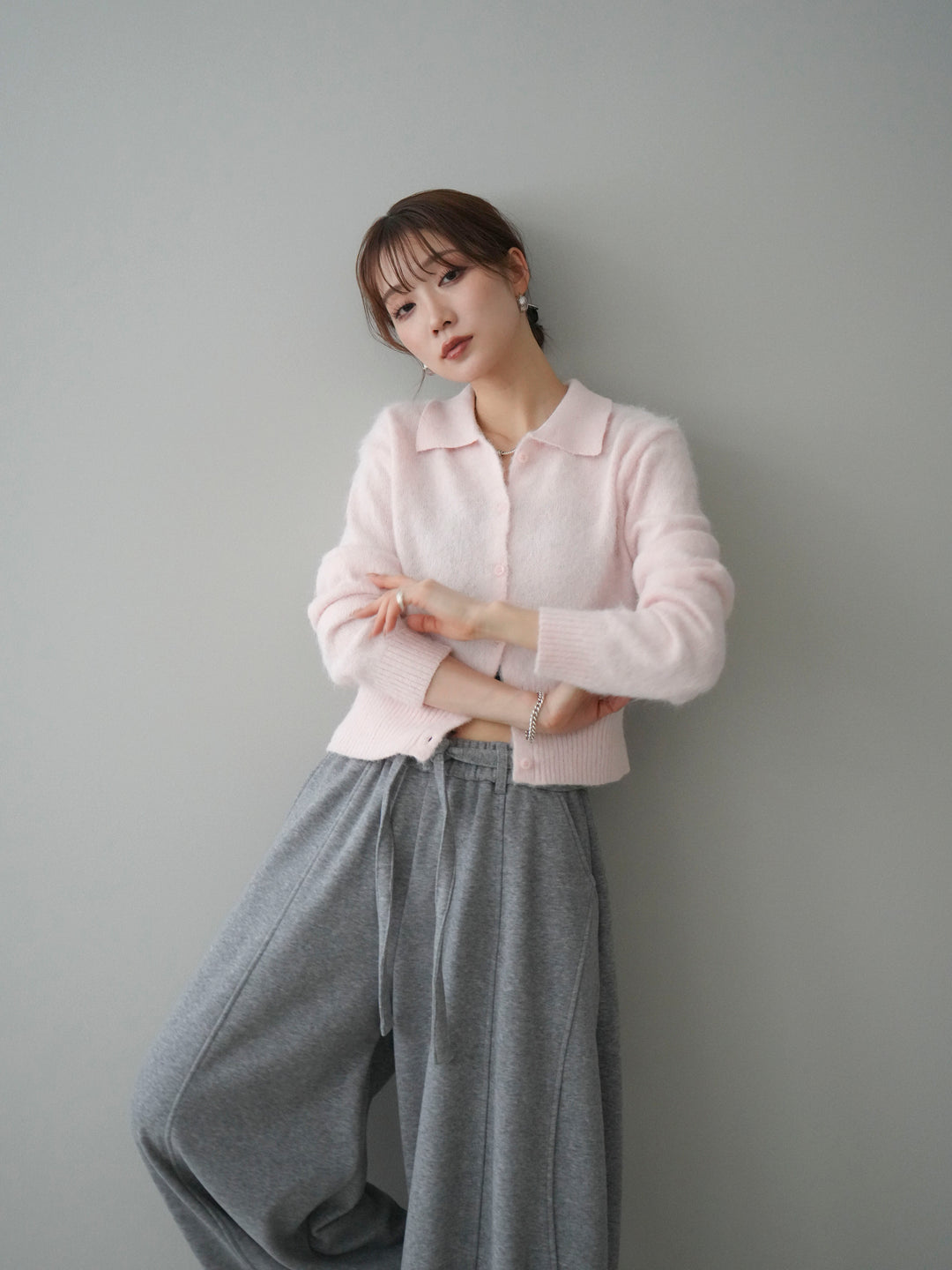 [予約]モヘア衿付きボタンプルオーバー/pink