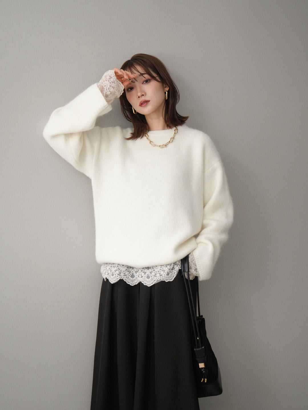 [SET]アンゴラタッチクルーネックニットプルオーバー+テープベルトタックバギーパンツ(2set)