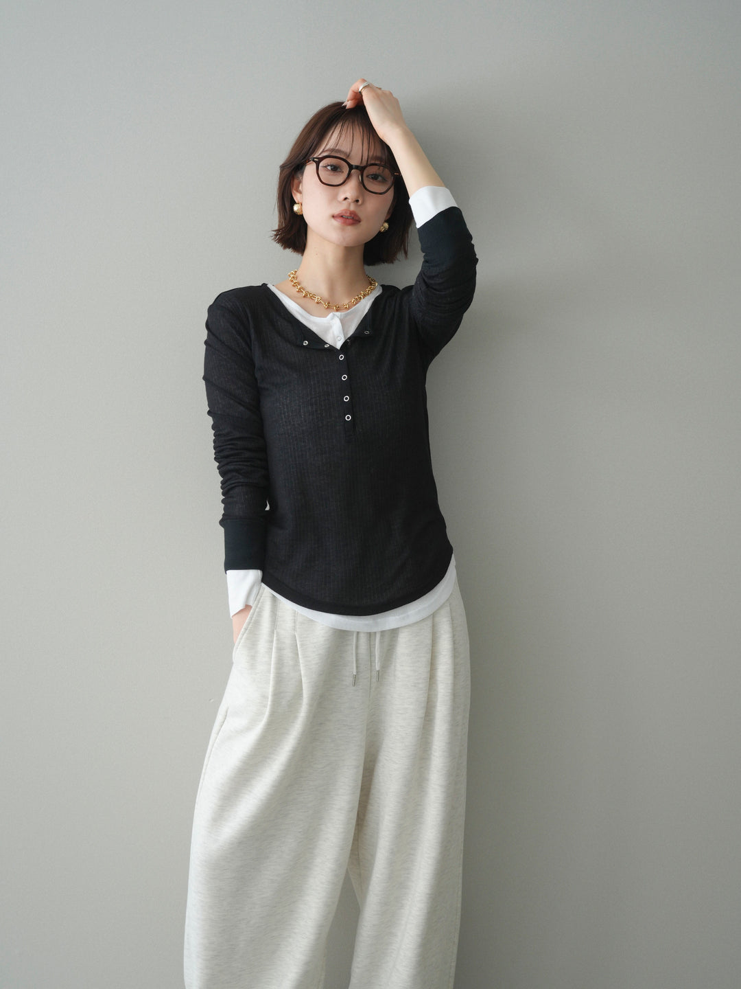 [予約]シアーリブヘンリーネックロンT/black