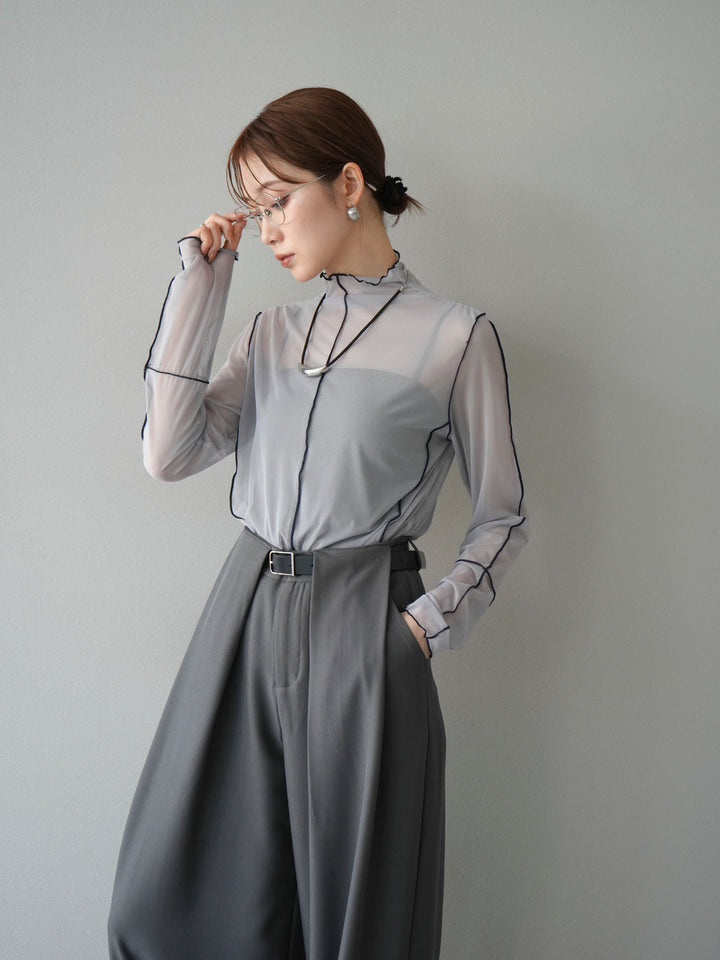 [予約]シアーパイピングカットソー/ライトグレー×ネイビー