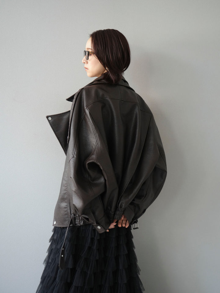 [予約]スタンドカラーフェイクレザーブルゾン/ブラウン