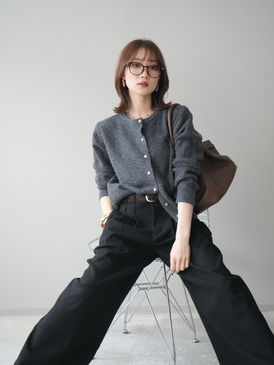 [SET]アンティークボタンニットカーディガン+アニマル柄ベルト付きウールタッチワイドパンツ(2set)