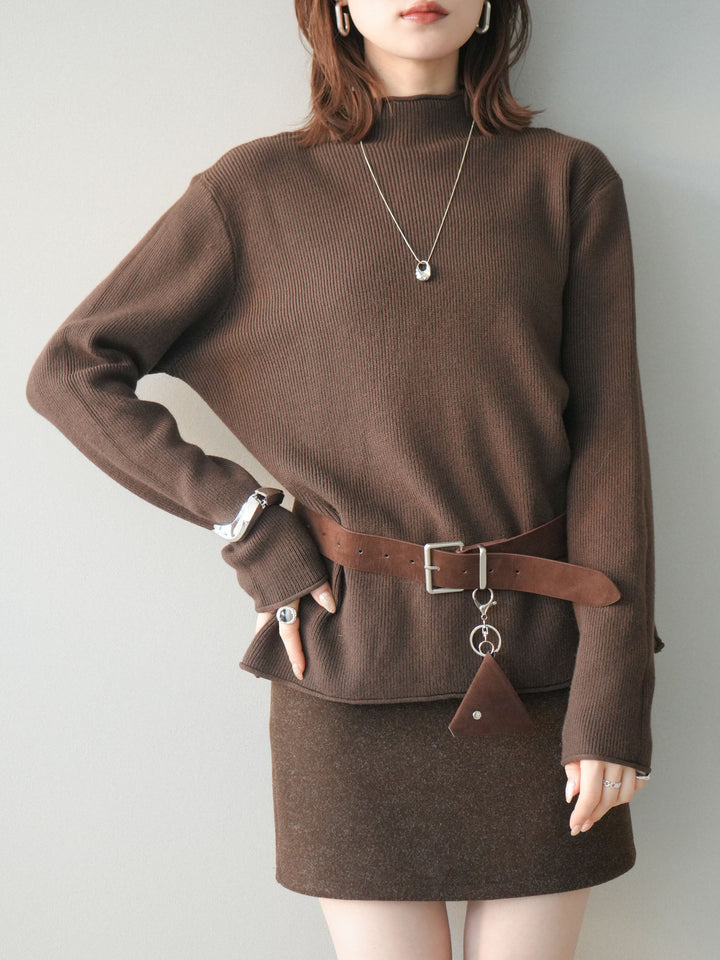 [予約]ボトルネック裾カールリブニットトップス/brown