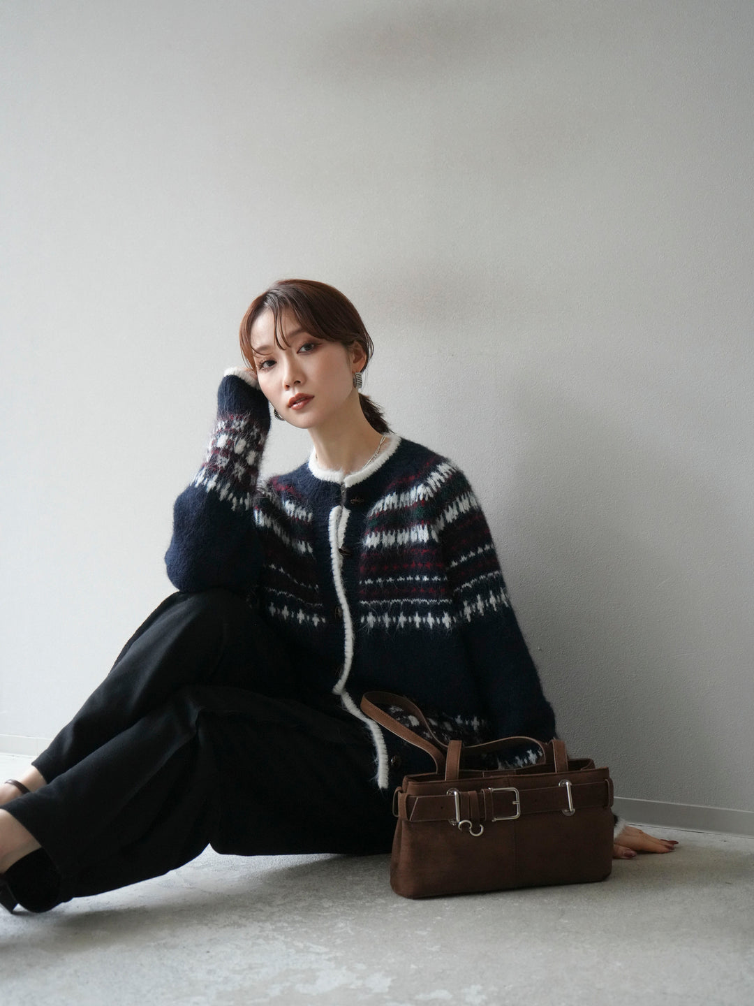 [SET]求心柄ウッドボタンニットカーディガン+2WAYデザインスウェットパンツ(2set)