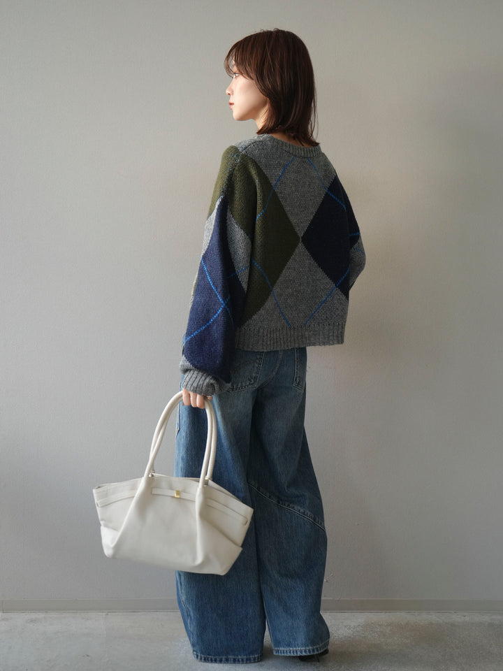 [SET]配色ステッチアーガイル柄ニットプルオーバー+ペインターカーブデニムパンツ(2set)