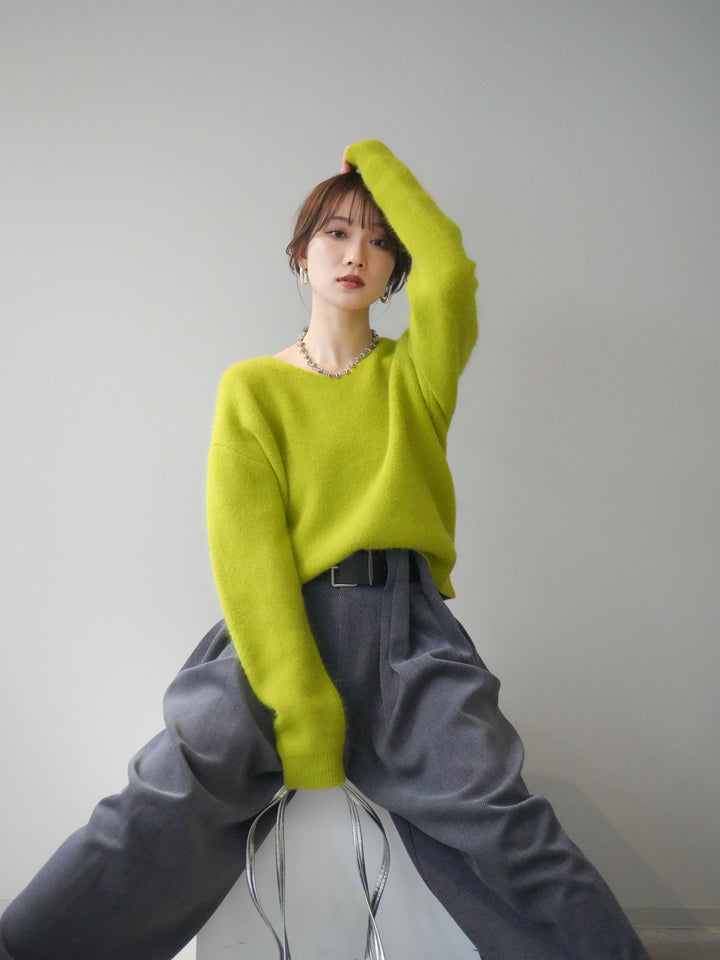 [SET]シュシュ付きアンゴラタッチVネックニットプルオーバー+ベルトデザインループコールテンワイドパンツ(ベルト付き)(2set)