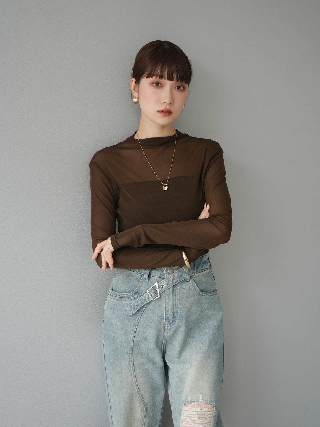 [SET]シアー切替ストレッチ長袖トップス+シアー切替ストレッチトップス(2set)