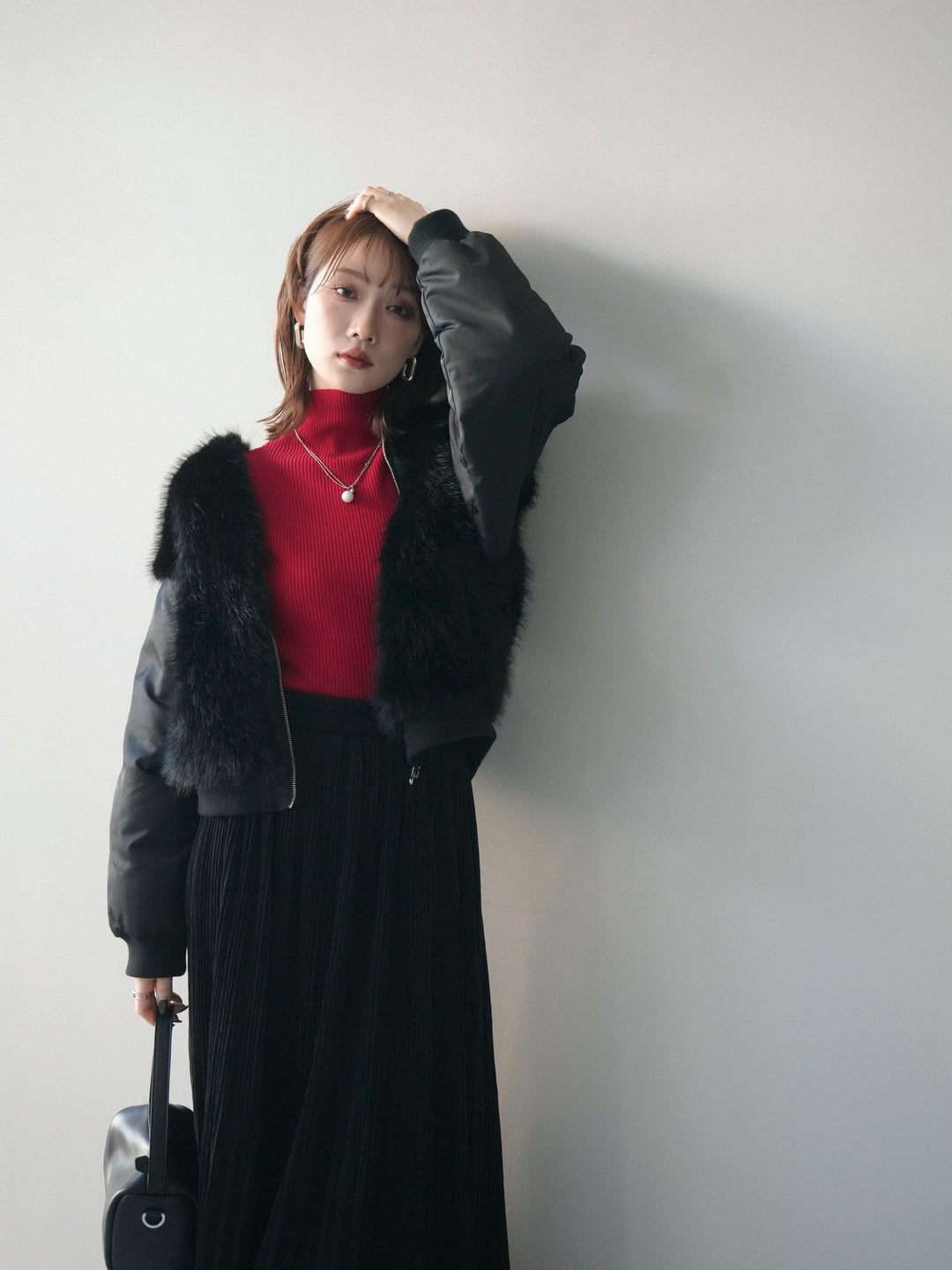 [SET]ファードッキングMA-1+袖ボタンボトルネックリブニットトップス+裾レーススウェードプリーツマキシスカート(3set)