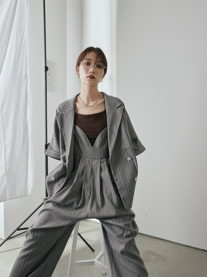 [予約]ヘリンボーンストライプサロペット/チャコール